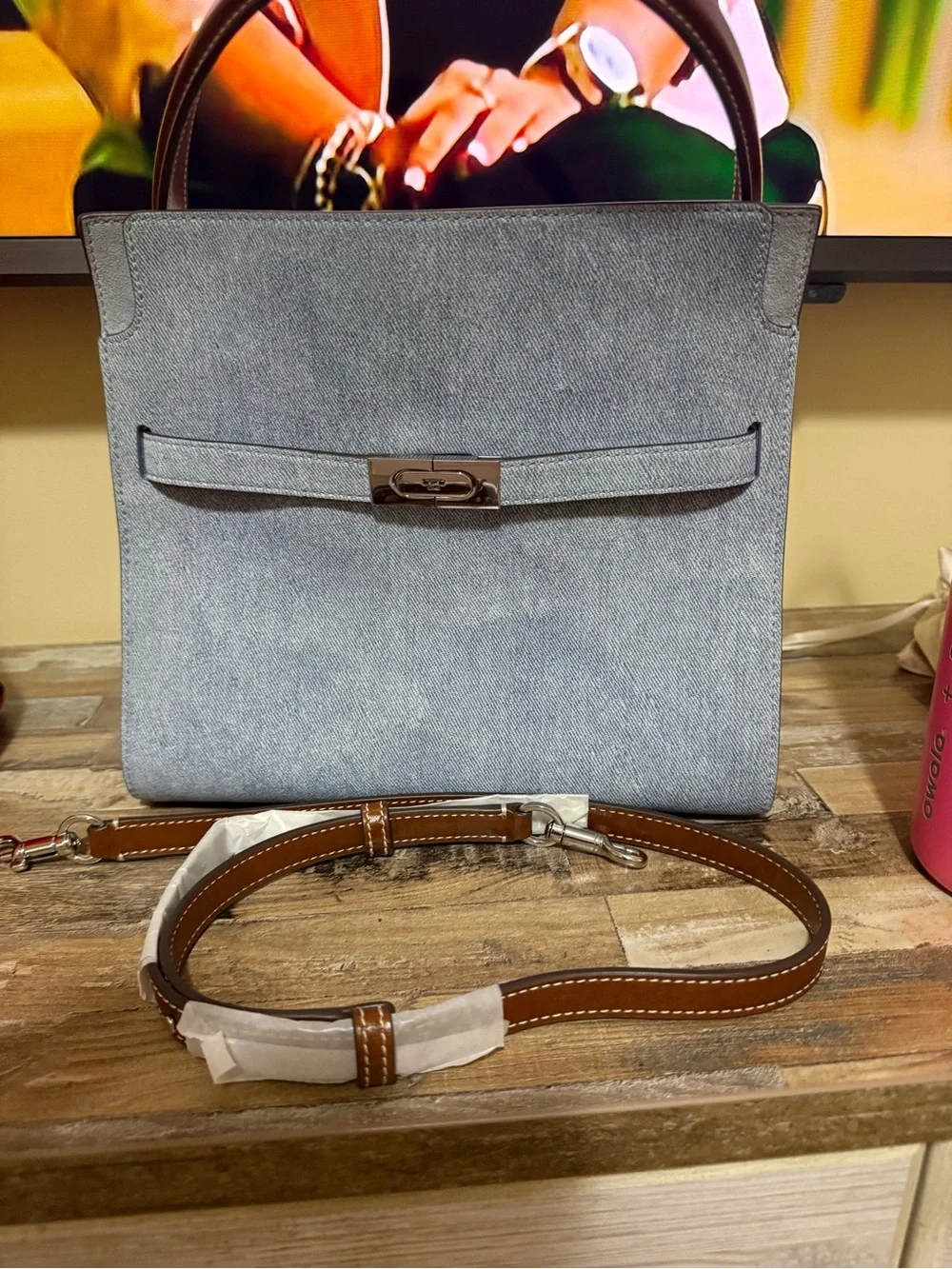 Tory Burch Light Blue Denim Shoulder Bag with Brown Handle